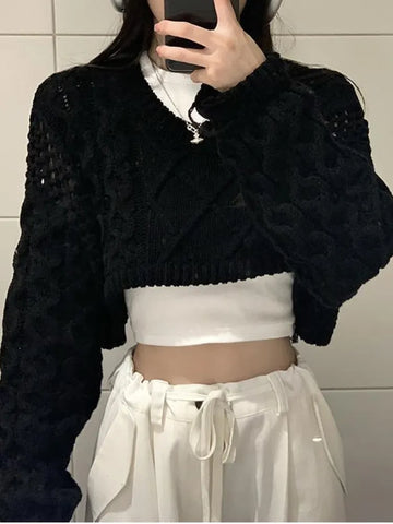 Getadme Early Autumn Hollow Out Short Jumper O-neck Long Sleeve Casual Sweaters Women Fashion Harajuku Solid Pullovers Femme Y2k Top